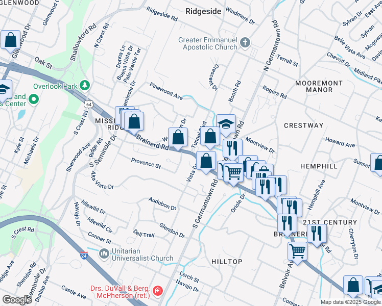 map of restaurants, bars, coffee shops, grocery stores, and more near Brainerd Road & Tunnel Boulevard in Chattanooga