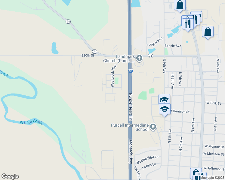 map of restaurants, bars, coffee shops, grocery stores, and more near 1120 Ewing Street in Purcell