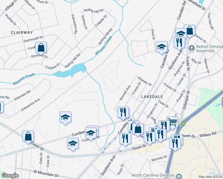 map of restaurants, bars, coffee shops, grocery stores, and more near 2108 Burnett Avenue in Fayetteville