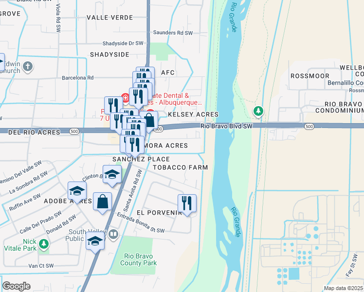 map of restaurants, bars, coffee shops, grocery stores, and more near 1412 La Mora Lane Southwest in Albuquerque