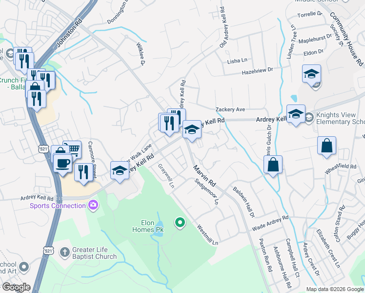 map of restaurants, bars, coffee shops, grocery stores, and more near 16816 Kettlewell Lane in Charlotte