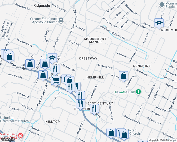map of restaurants, bars, coffee shops, grocery stores, and more near 301 Hillcrest Avenue in Chattanooga