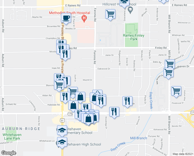 map of restaurants, bars, coffee shops, grocery stores, and more near 4528 Faronia Road in Memphis