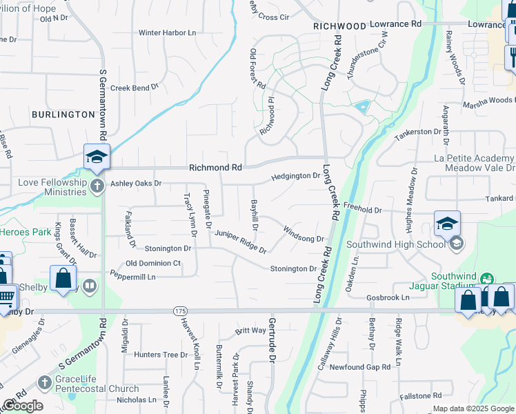 map of restaurants, bars, coffee shops, grocery stores, and more near 4496 Bayhill Drive in Memphis