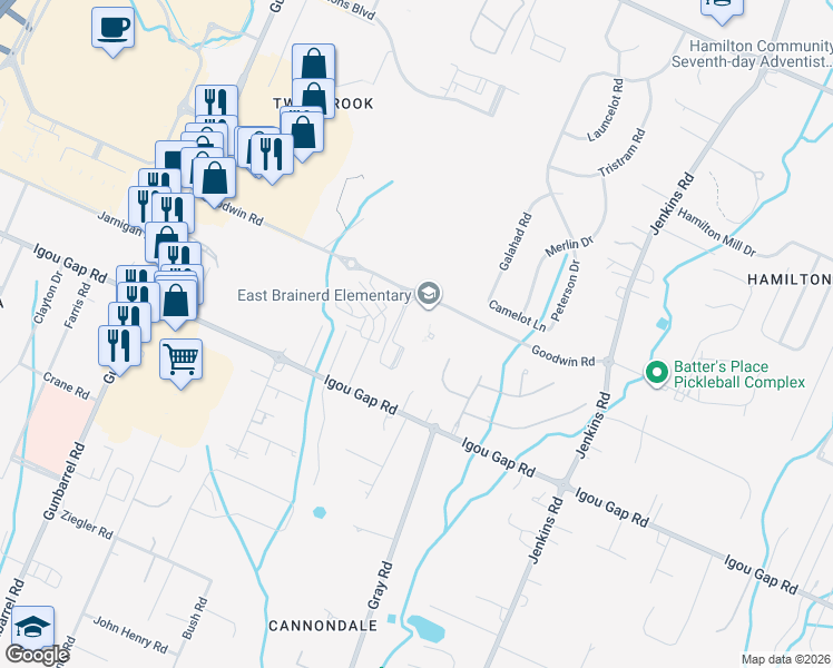 map of restaurants, bars, coffee shops, grocery stores, and more near 7660 Goodwin Road in Chattanooga