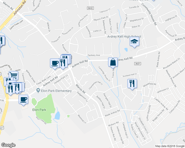 map of restaurants, bars, coffee shops, grocery stores, and more near 10778 Essex Hall Drive in Charlotte