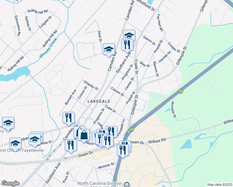 map of restaurants, bars, coffee shops, grocery stores, and more near 1915 Progress Street in Fayetteville