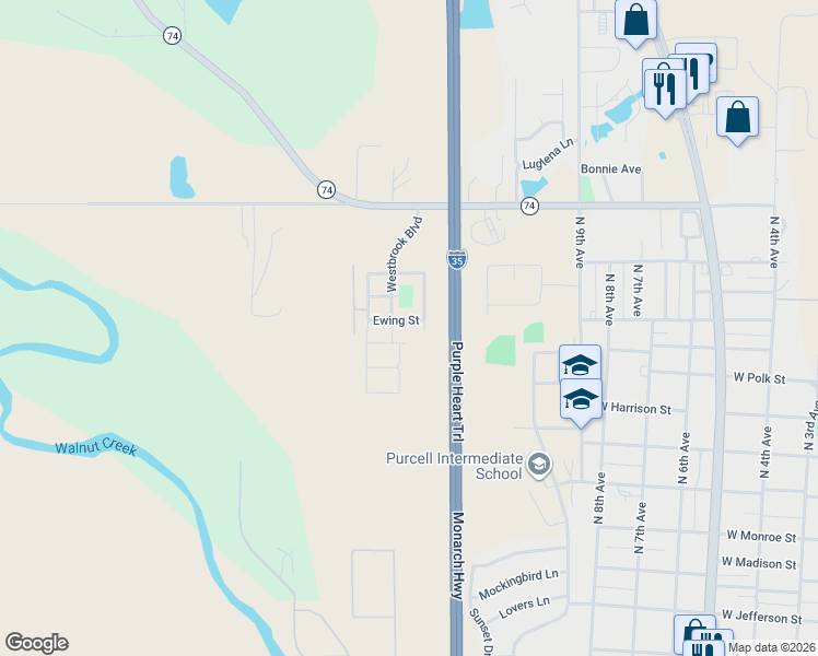map of restaurants, bars, coffee shops, grocery stores, and more near 1112 Ewing Street in Purcell
