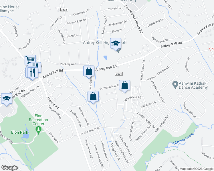 map of restaurants, bars, coffee shops, grocery stores, and more near 9506 Scotland Hall Court in Charlotte