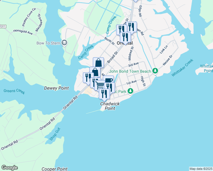 map of restaurants, bars, coffee shops, grocery stores, and more near 408 South Water Street in Oriental