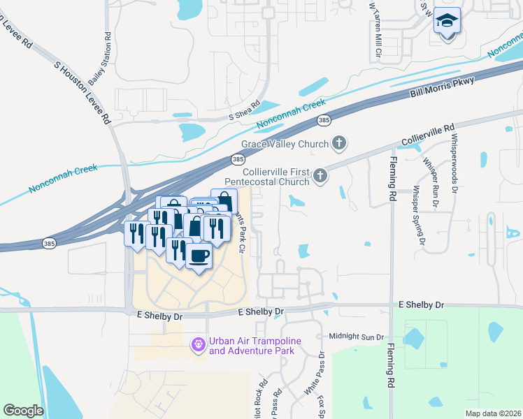 map of restaurants, bars, coffee shops, grocery stores, and more near 10432 Sunnybrook Circle in Collierville