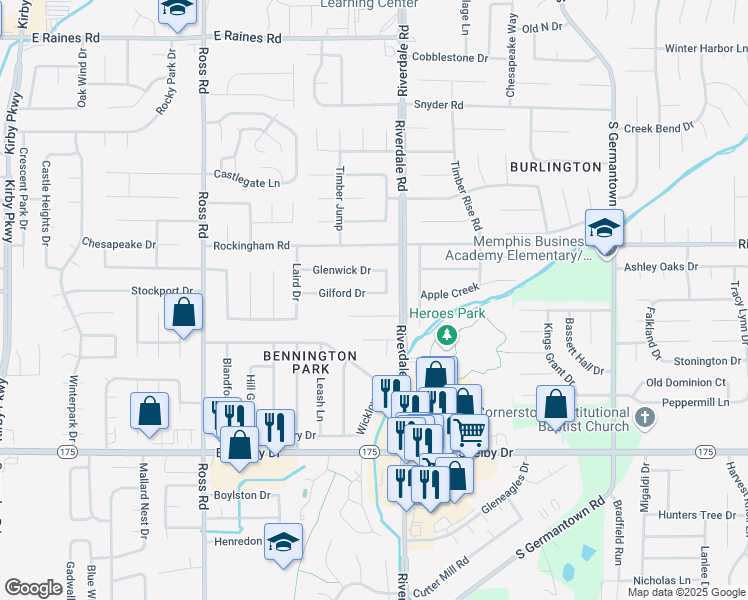 map of restaurants, bars, coffee shops, grocery stores, and more near 6921 Gilford Drive in Memphis
