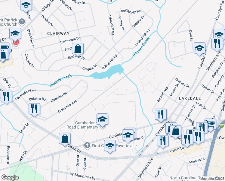 map of restaurants, bars, coffee shops, grocery stores, and more near 1222 Brickyard Drive in Fayetteville