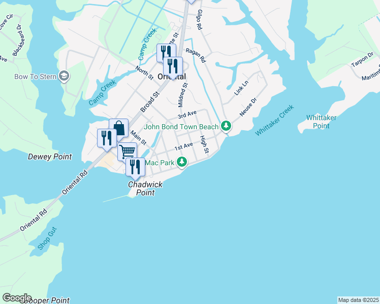 map of restaurants, bars, coffee shops, grocery stores, and more near 205 Mildred Street in Oriental