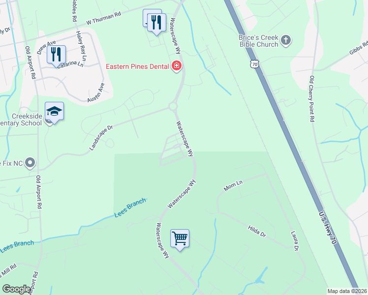 map of restaurants, bars, coffee shops, grocery stores, and more near 3900 Harkers Way in New Bern