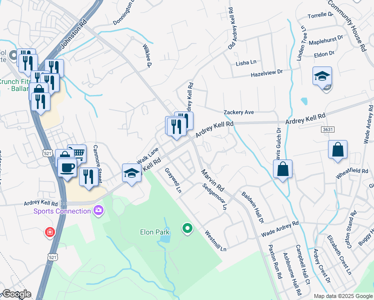 map of restaurants, bars, coffee shops, grocery stores, and more near Holland Park Lane in Charlotte