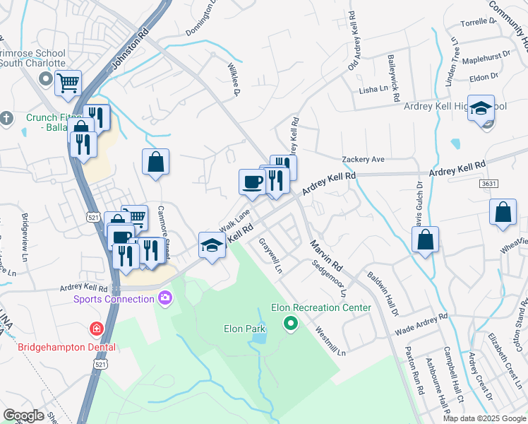 map of restaurants, bars, coffee shops, grocery stores, and more near 11228 Ardrey Kell Road in Charlotte