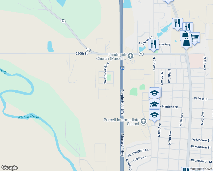 map of restaurants, bars, coffee shops, grocery stores, and more near 1120 Ewing Street in Purcell