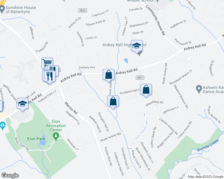 map of restaurants, bars, coffee shops, grocery stores, and more near 11111 Travis Gulch Drive in Charlotte