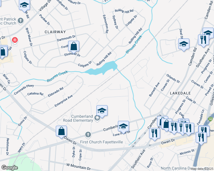 map of restaurants, bars, coffee shops, grocery stores, and more near 1222 Brickyard Drive in Fayetteville