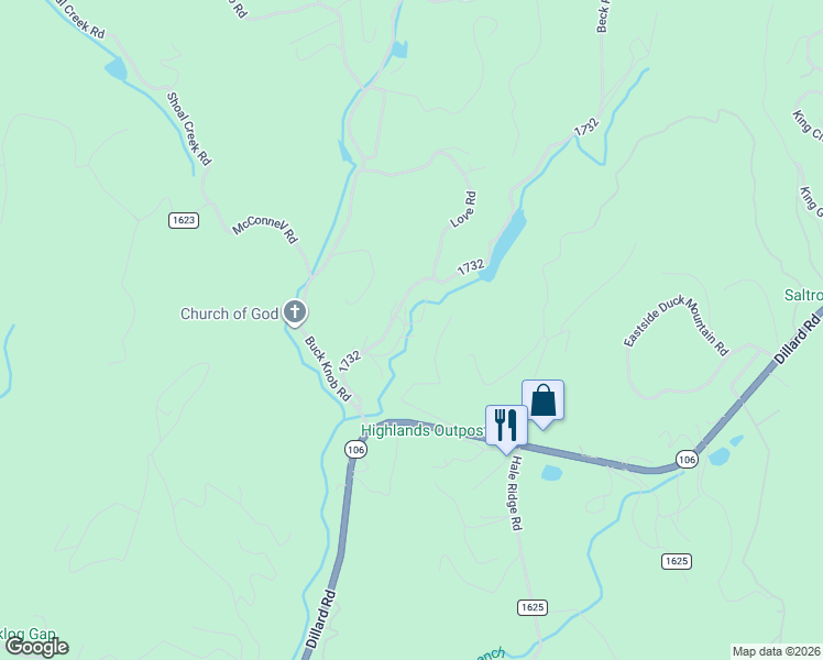 map of restaurants, bars, coffee shops, grocery stores, and more near 164 Brown Lake Road in Scaly Mountain