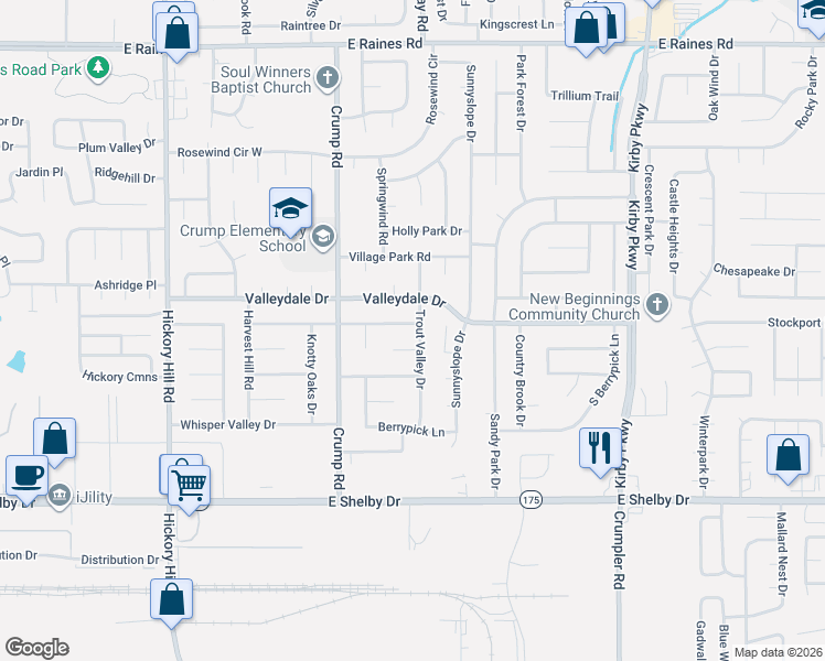 map of restaurants, bars, coffee shops, grocery stores, and more near 6169 Valleydale Drive in Memphis