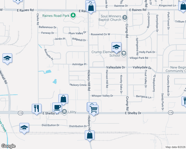 map of restaurants, bars, coffee shops, grocery stores, and more near 5947 Valleydale Drive in Memphis