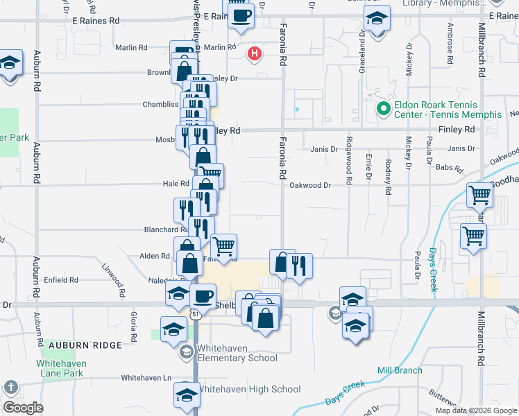 map of restaurants, bars, coffee shops, grocery stores, and more near 1291 Oakwood Drive in Memphis