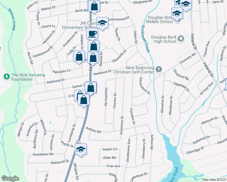 map of restaurants, bars, coffee shops, grocery stores, and more near 1624 Cawdor Drive in Fayetteville