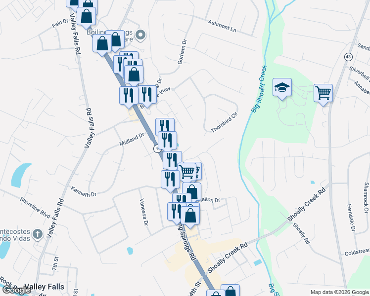 map of restaurants, bars, coffee shops, grocery stores, and more near 2242 Boiling Springs Road in Boiling Springs