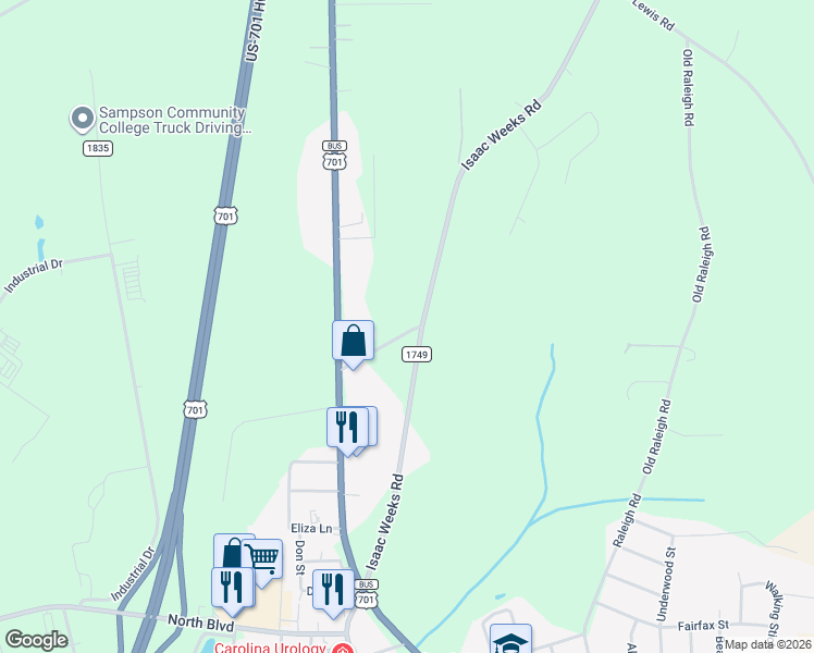 map of restaurants, bars, coffee shops, grocery stores, and more near 585 Isaac Weeks Road in Clinton