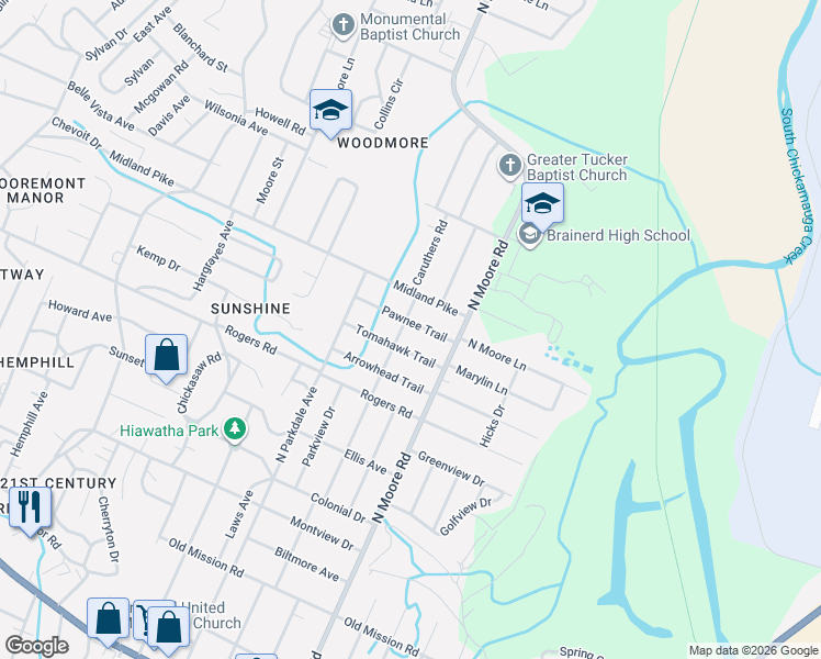 map of restaurants, bars, coffee shops, grocery stores, and more near 4802 Pawnee Trail in Chattanooga