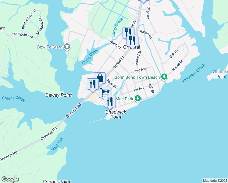 map of restaurants, bars, coffee shops, grocery stores, and more near 412 Water Street in Oriental