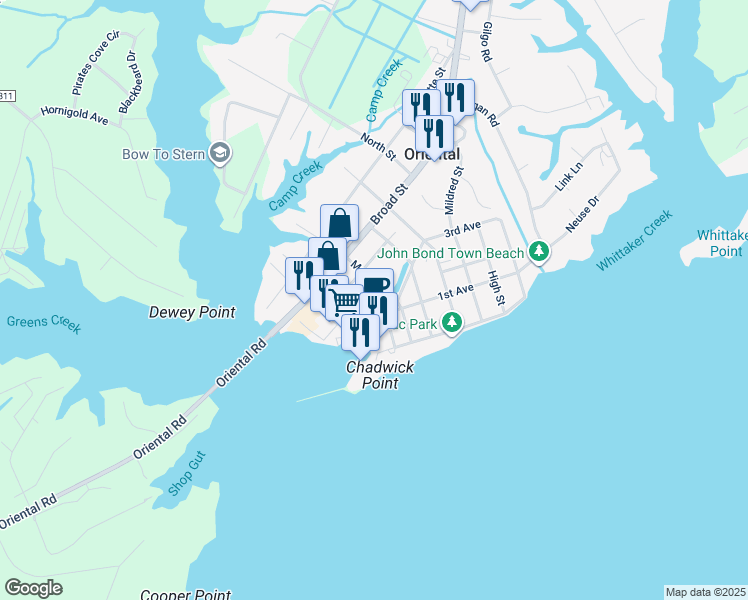 map of restaurants, bars, coffee shops, grocery stores, and more near 412 Water Street in Oriental