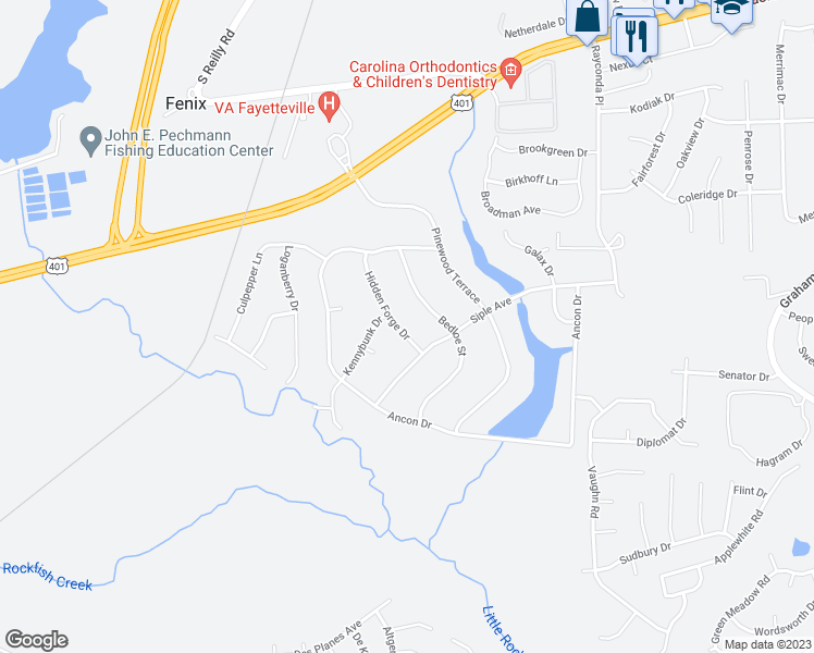 map of restaurants, bars, coffee shops, grocery stores, and more near 2091 Hidden Forge Drive in Fayetteville