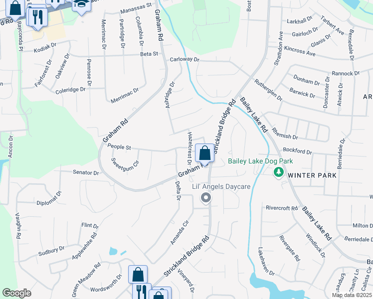 map of restaurants, bars, coffee shops, grocery stores, and more near 1566 Hazelcrest Drive in Fayetteville