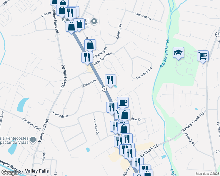 map of restaurants, bars, coffee shops, grocery stores, and more near 2242 Boiling Springs Road in Boiling Springs