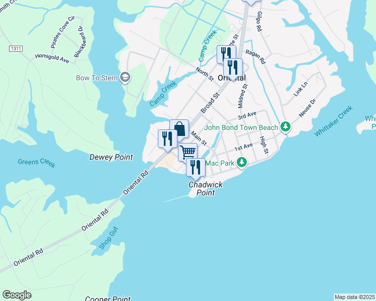 map of restaurants, bars, coffee shops, grocery stores, and more near 400 Academy Street in Oriental