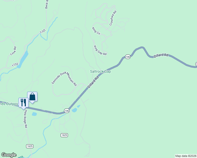 map of restaurants, bars, coffee shops, grocery stores, and more near 6558 Dillard Road in Scaly Mountain