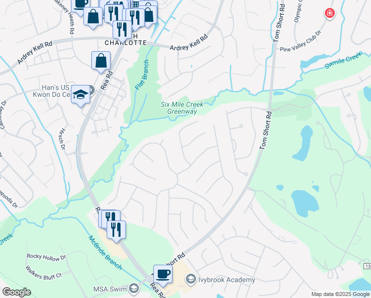 map of restaurants, bars, coffee shops, grocery stores, and more near 8515 Priory Court in Waxhaw