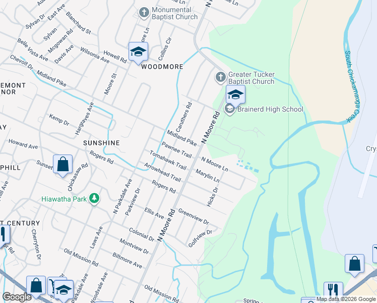 map of restaurants, bars, coffee shops, grocery stores, and more near 4808 Midland Pike in Chattanooga