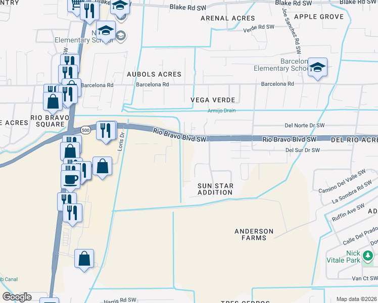 map of restaurants, bars, coffee shops, grocery stores, and more near 3002 Rio Bravo Boulevard Southwest in Albuquerque