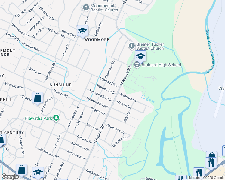 map of restaurants, bars, coffee shops, grocery stores, and more near 4808 Midland Pike in Chattanooga