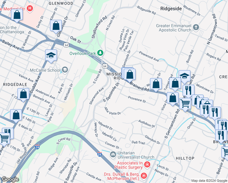 map of restaurants, bars, coffee shops, grocery stores, and more near 3130 Rosemont Drive in Chattanooga