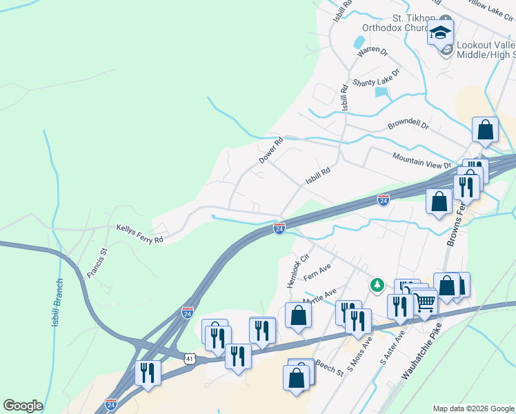 map of restaurants, bars, coffee shops, grocery stores, and more near 112 Dower Road in Chattanooga