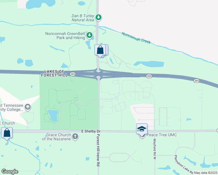 map of restaurants, bars, coffee shops, grocery stores, and more near Forest Hill Irene Road in Collierville