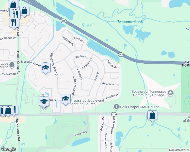 map of restaurants, bars, coffee shops, grocery stores, and more near 4465 Alixs Drive in Memphis