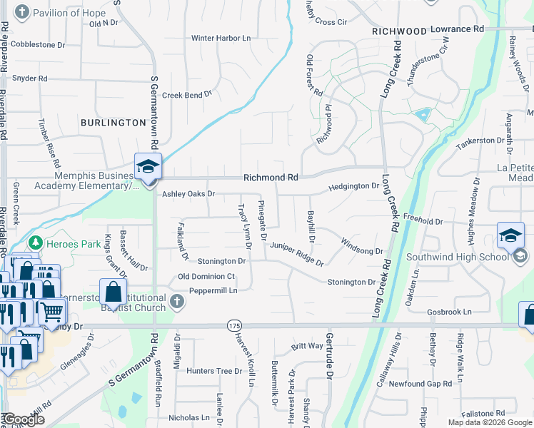 map of restaurants, bars, coffee shops, grocery stores, and more near 4484 Pinegate Drive in Memphis