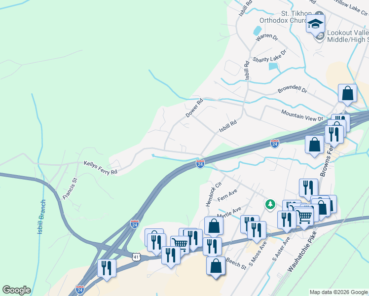 map of restaurants, bars, coffee shops, grocery stores, and more near 112 Dower Road in Chattanooga
