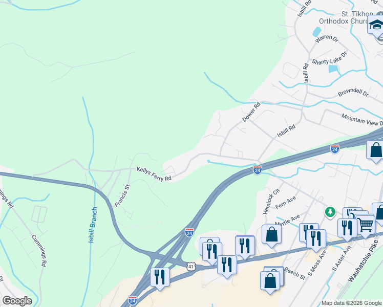 map of restaurants, bars, coffee shops, grocery stores, and more near 3823 Kellys Ferry Road in Chattanooga